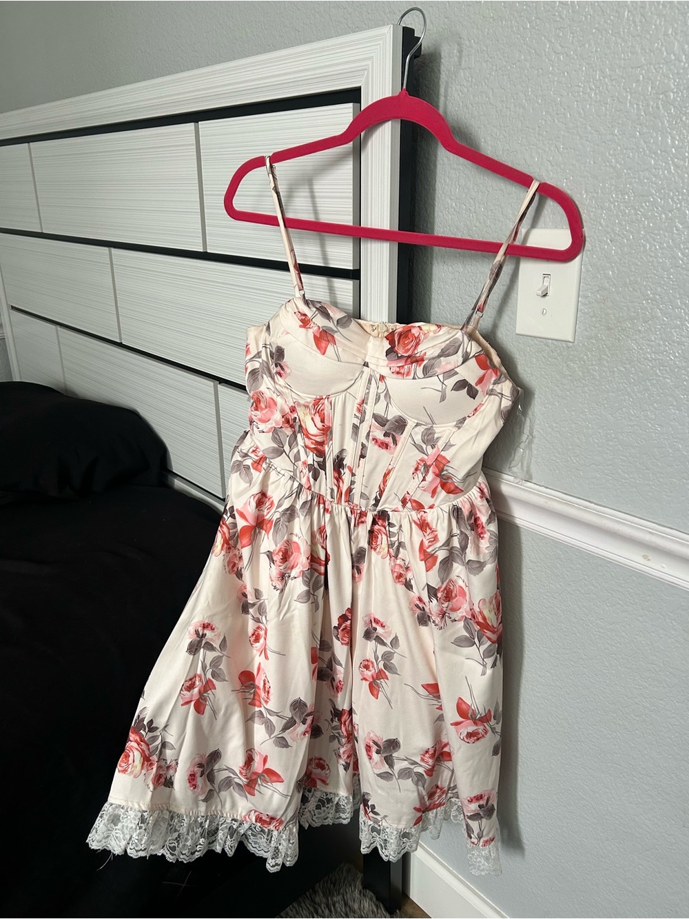 Fashion Nova Floral Lace Hem Strappy Sundress - Cream with Coral & Gray Flowers